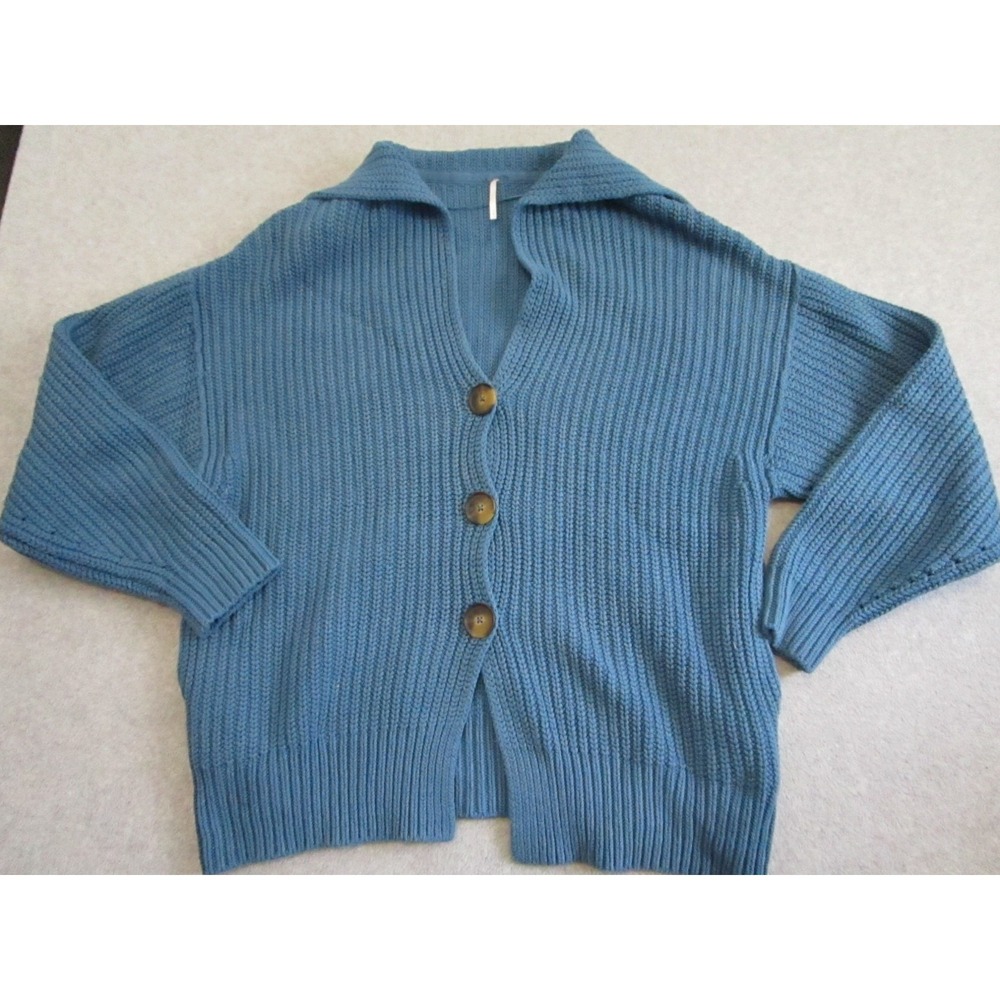Free People Cardigan Sweater Womens Medium Blue  Swim Too Deep Ribbed Oversized